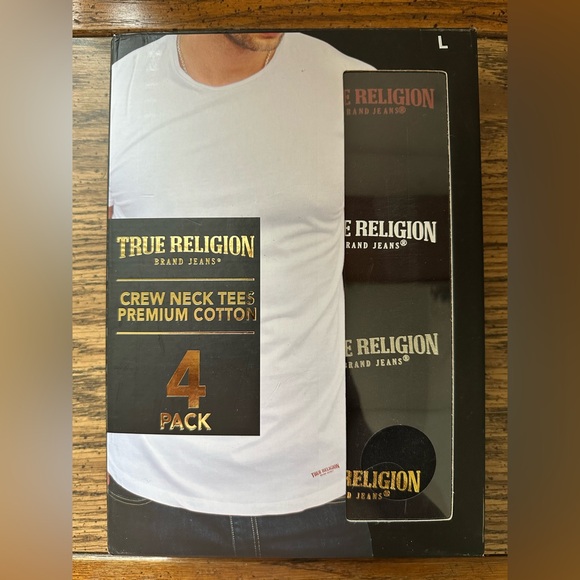 True Religion V-Neck Tees - New in Package - Size Large - 4 Black T-Shirts - Picture 1 of 7